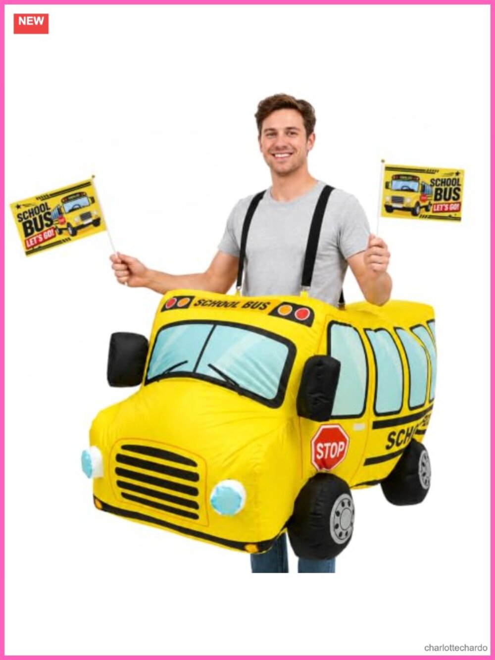 Halloween Inflatable School Bus Adult Costume with Flags Blower Fan